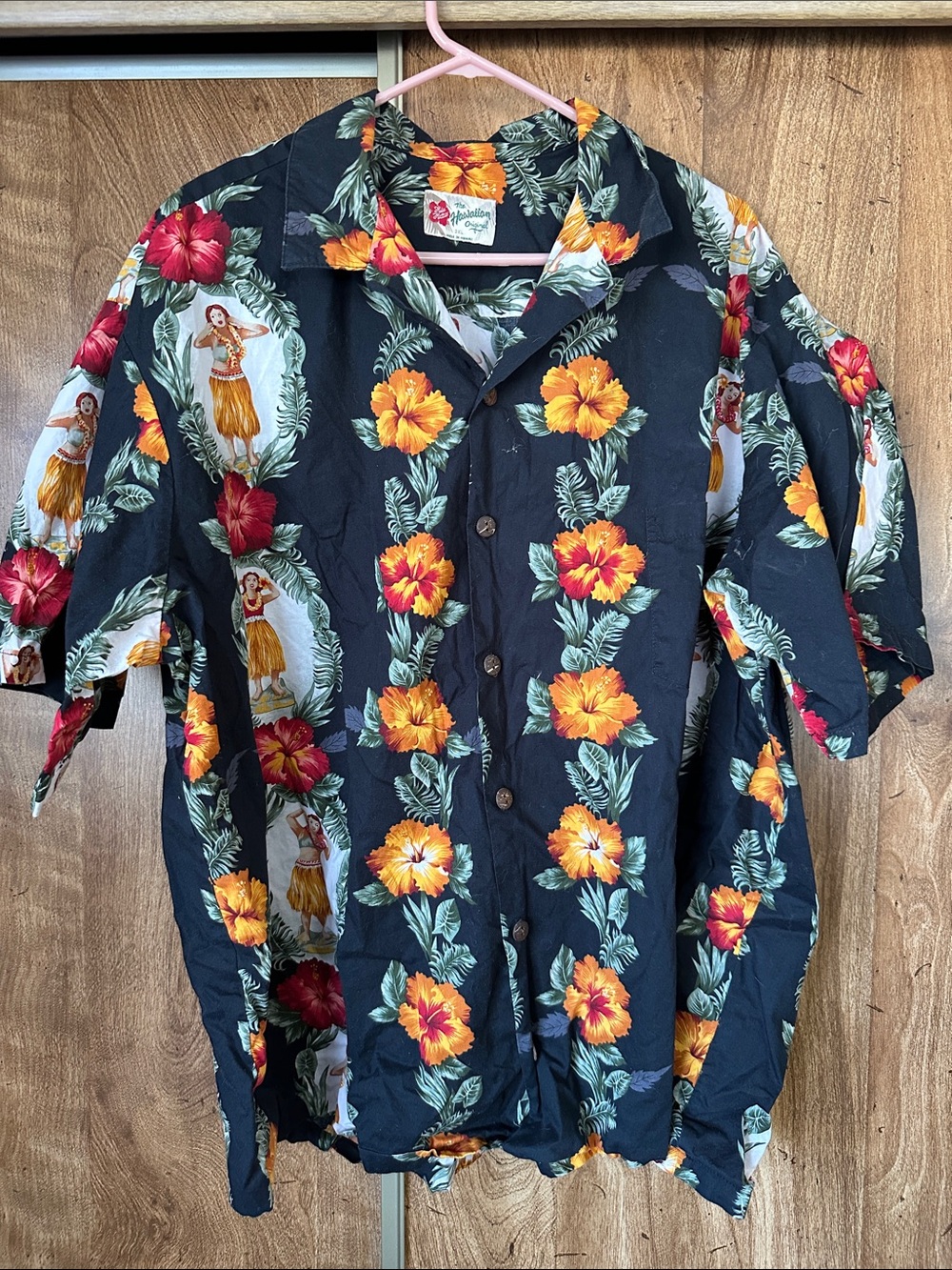 Hilo Hattie Black Hawaiian Shirt with Yellow & Red Hibiscus